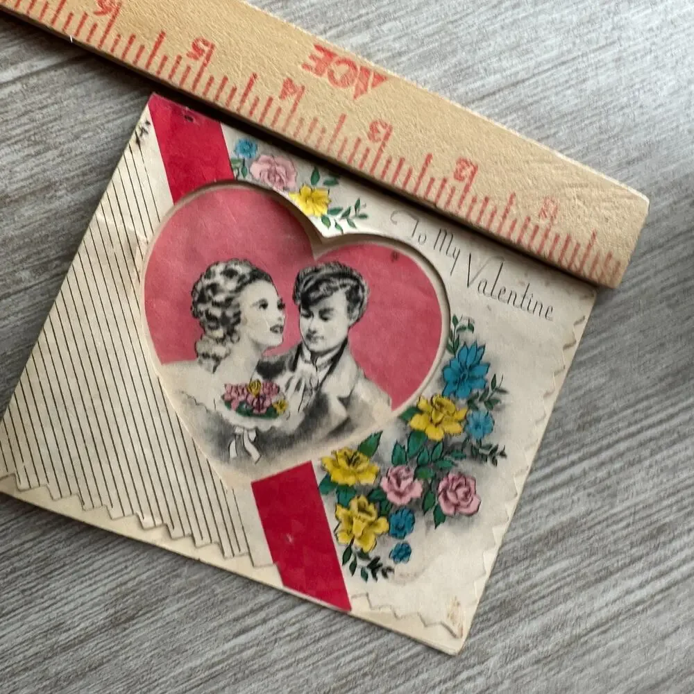 Antique Valentine’s Day Card – Cut Out Heart Window Romantic Couple Floral